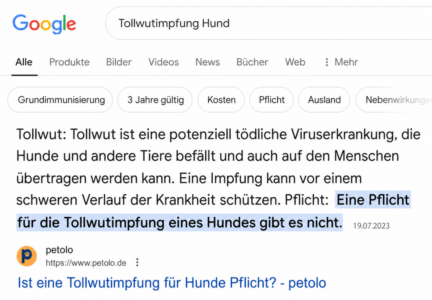 Featured Snippet bei Google — Tollwutimpfung Hund